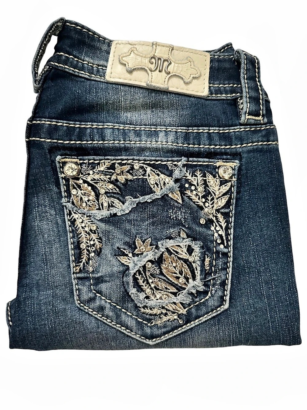 Miss Me Blue Denim Skinny Jeans Embroidered Rhinestoned Pockets Size 27 x 27